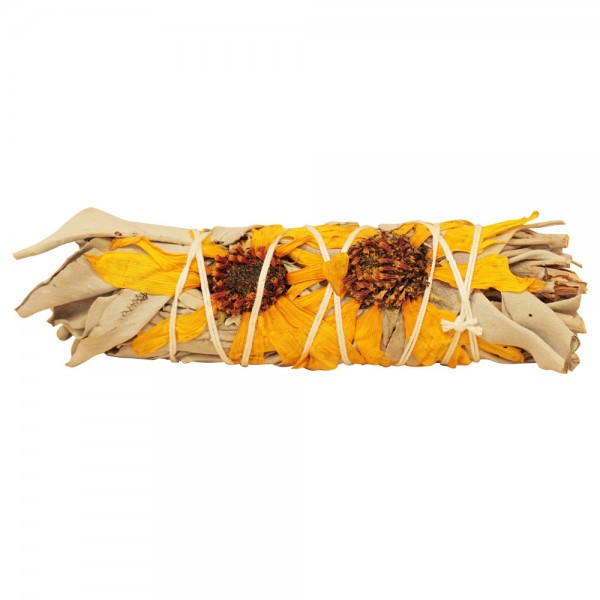 Räucher-Bündel weißer Salbei mit Sonnenblumenblüten